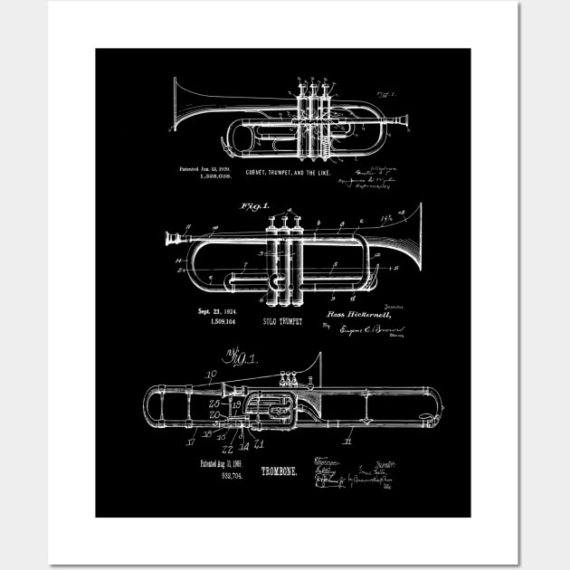 Trumpet, Cornet, Trombone Vintage Patent Prints Wall Art by MadebyDesign